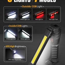 new cob foldable flashlight, 7 mode magnetic usb rechargeable led work light with hanging hook, 1200mah power bank