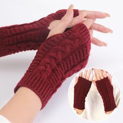 womens stylish hand warmer winter gloves, arm crochet knitting faux wool mitten with warm fingerless glove twist pattern