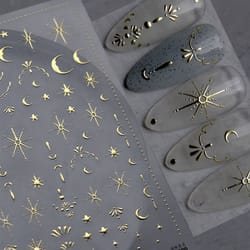 3d gold sun moon star bronzing nail art sticker, laser star moon design, self-adhesive slider decals in gold, silver
