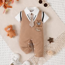 baby boy jumpsuit, collar cartoon teddy bear short brown jumpsuit for birthday party & photo shoots