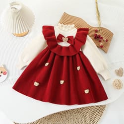 autumn kids girls princess dress with 3d bear bow, korea style red spliced sweater dress for toddlers