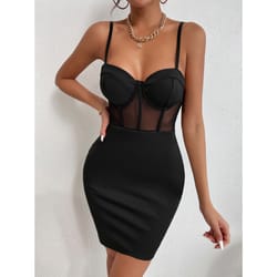 y2k sexy club party dress, women's hollowing mesh see-through slim nightclub wear with fishbone halter, sheer hip skirt
