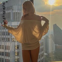 cryptographic fashion off shoulder sheer mini dress, sexy ruched bodycon party dress for women with long sleeves