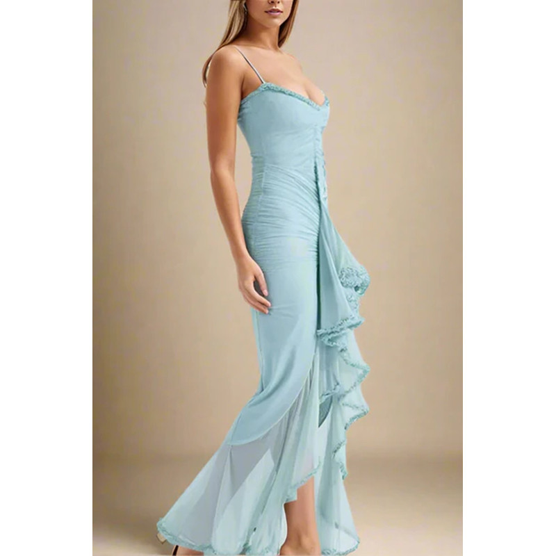 2025 Spring Summer Womens Mesh Camisole Dress with Ruffled Hem, Ruched Sleeveless Party Evening Wear in Flowy Elegant