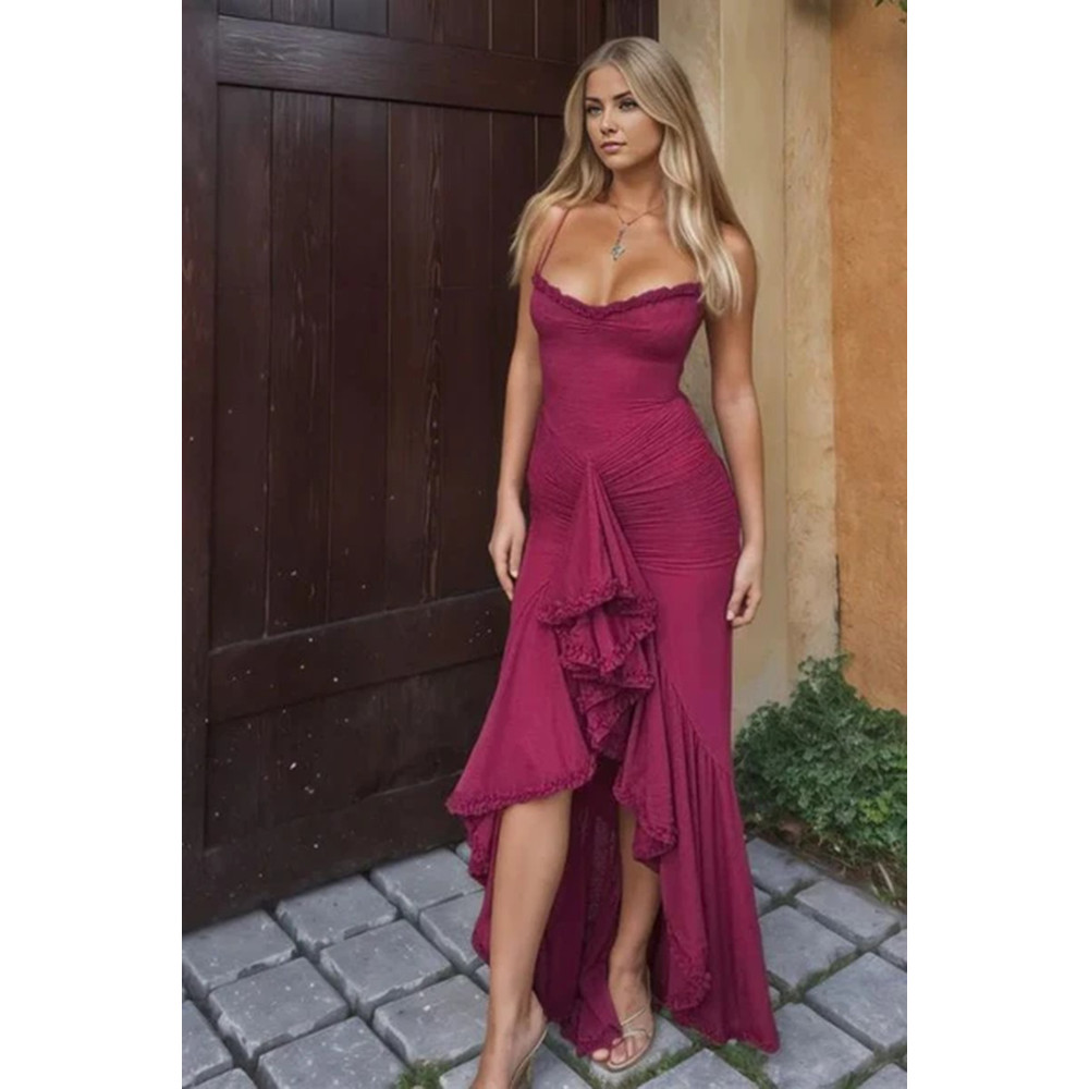 2025 Spring Summer Womens Mesh Camisole Dress with Ruffled Hem, Ruched Sleeveless Party Evening Wear in Flowy Elegant