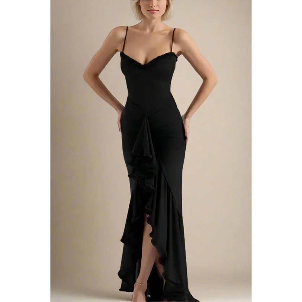 2025 Spring Summer Womens Mesh Camisole Dress with Ruffled Hem, Ruched Sleeveless Party Evening Wear in Flowy Elegant
