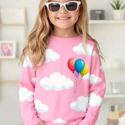 cute pink clouds 3d print kids t-shirt, girls long sleeve top, casual comfort childrens clothing for autumn outdoors