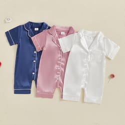 cute toddler sleepwear, baby boy girl satin pajama set, short sleeve button up shorts jumpsuit