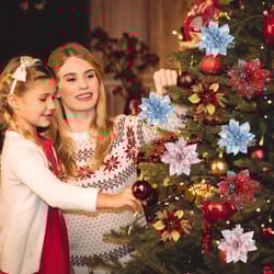 artificial flower ornaments merry, glitter pink christmas flowers tree, christmas decoration for home new year