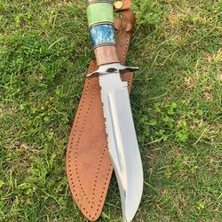 custom handmade d2 tool steel hunting bowie knife with leather sheath