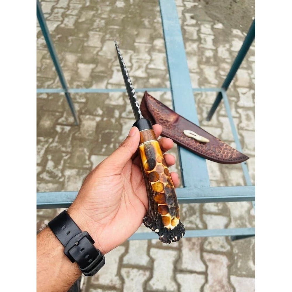 Custom Handmade J2 Steel HandForged Bowie Knife With Stag Horn Handle With Leather Sheath Evergreen Cutlery 2