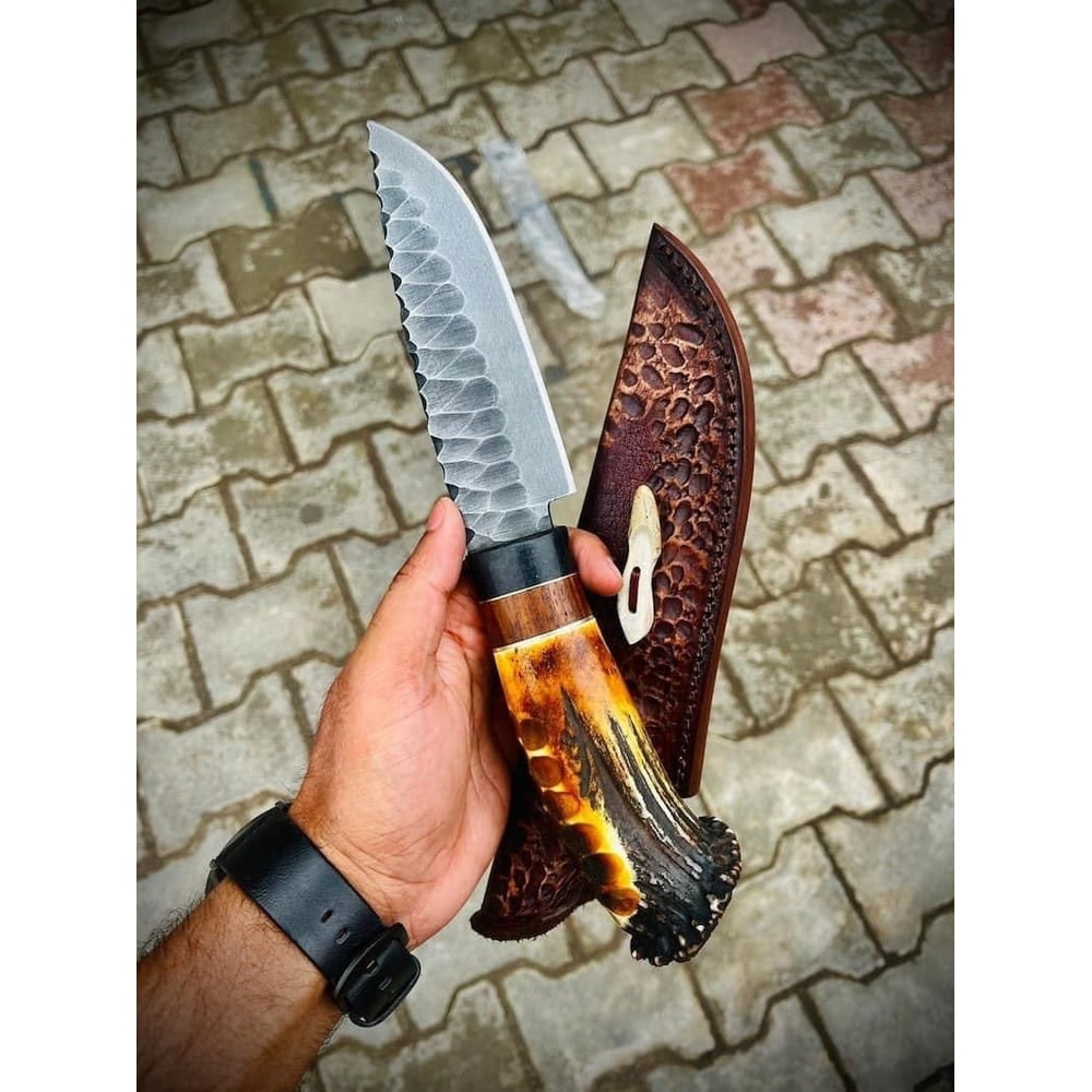 Custom Handmade J2 Steel HandForged Bowie Knife With Stag Horn Handle With Leather Sheath Evergreen Cutlery 1