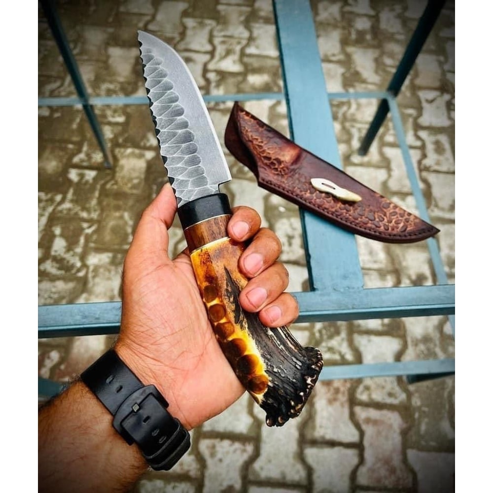 Custom Handmade J2 Steel HandForged Bowie Knife With Stag Horn Handle With Leather Sheath Evergreen Cutlery 3