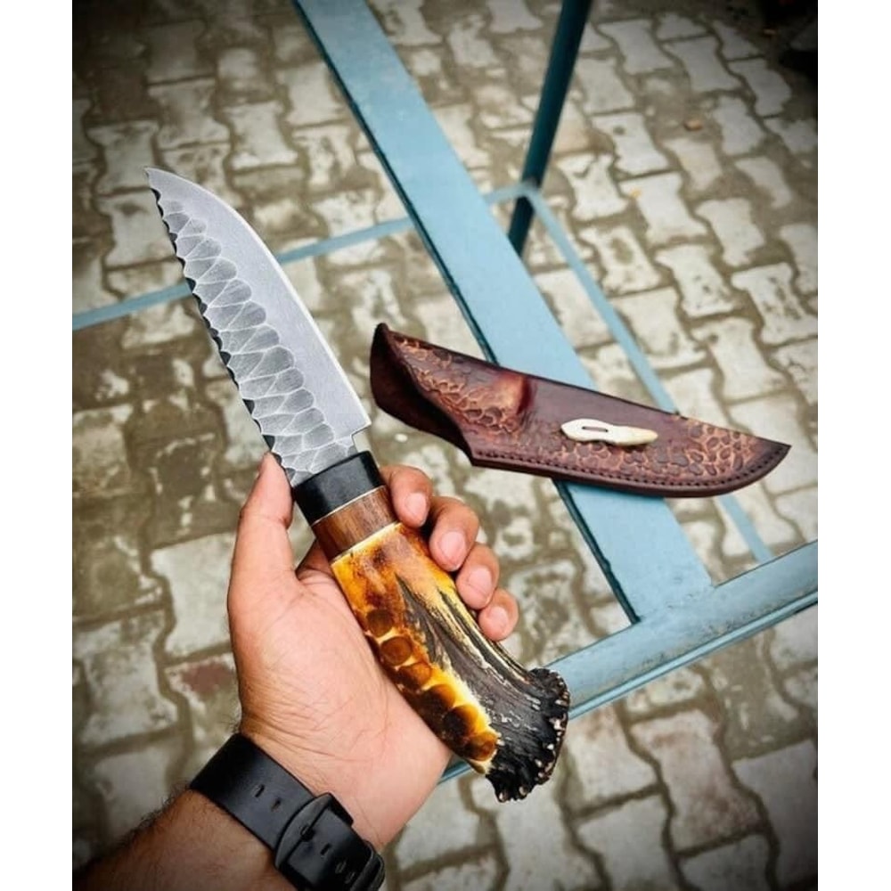 Custom Handmade J2 Steel HandForged Bowie Knife With Stag Horn Handle With Leather Sheath Evergreen Cutlery 0