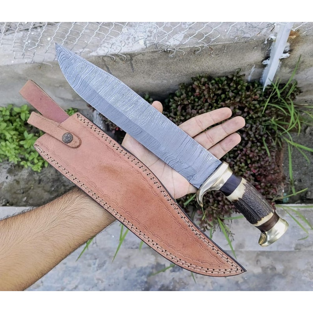 Handmade Damascus Steel Bowie Knife With Leather Cover Hunting Knife Gift For Him EC 1