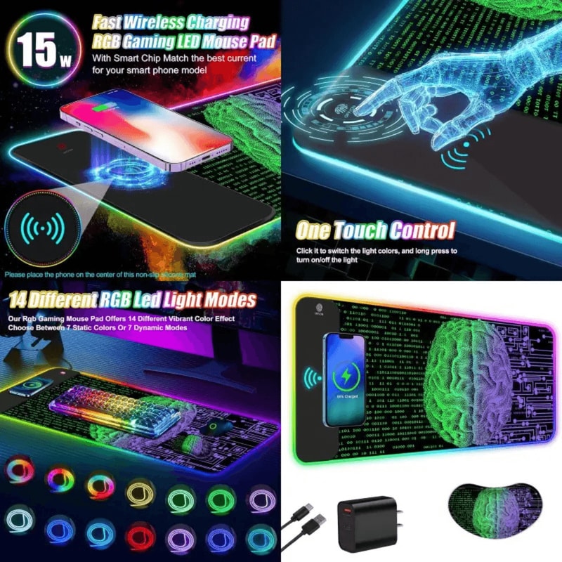 15W Wireless Charging RGB Gaming Mouse Pad Large LED Desk Mat With 30W Charger 14 Light Modes Wri 1