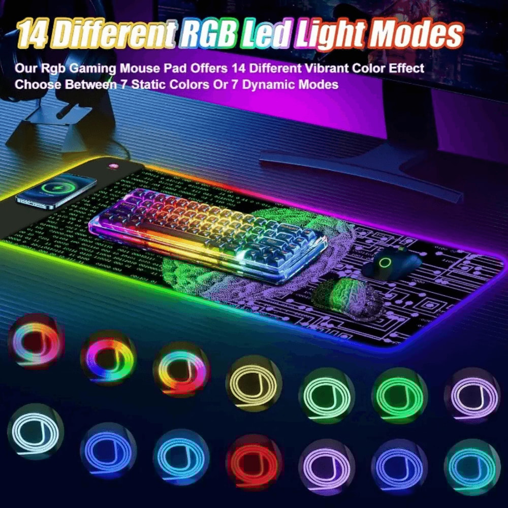 15W Wireless Charging RGB Gaming Mouse Pad Large LED Desk Mat With 30W Charger 14 Light Modes Wri 3
