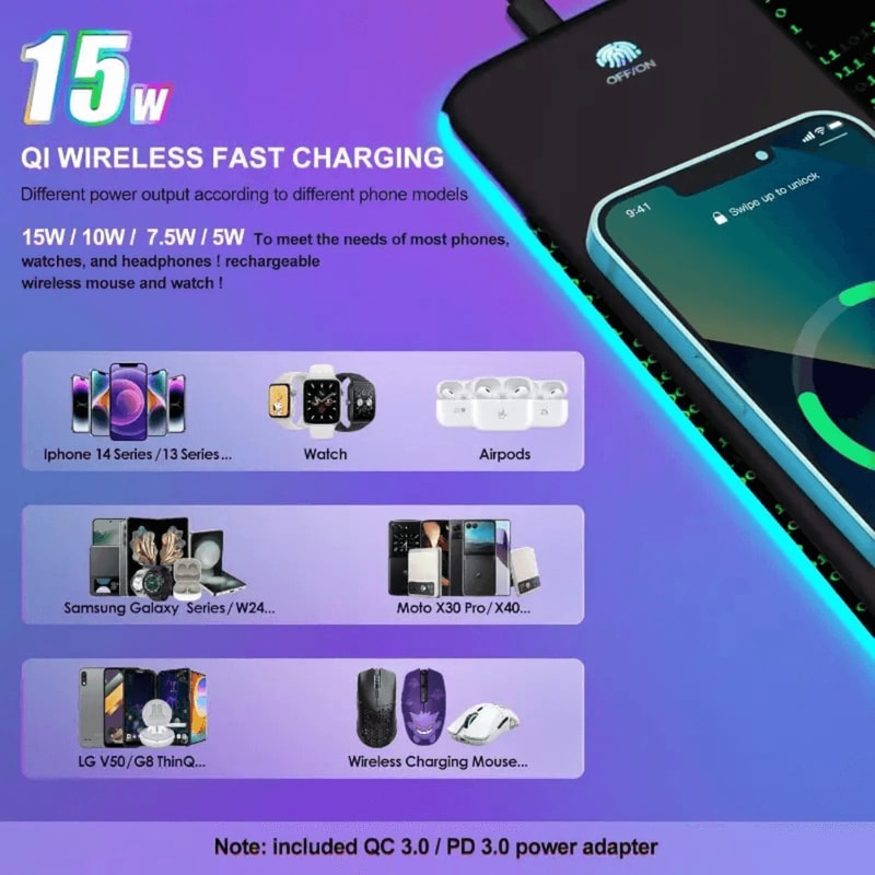 15W Wireless Charging RGB Gaming Mouse Pad Large LED Desk Mat With 30W Charger 14 Light Modes Wri 7