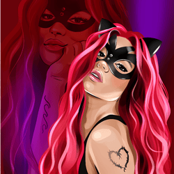 karol g gatubela with red hair rectangle purple