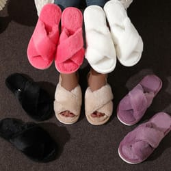 womens fluffy slippers, fashion cross band soft plush house shoes, cozy furry open toe indoor outdoor warm slip