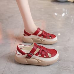 red roman sandals for women, crisscross strap platform with metal buckles, stylish breathable summer vacation shoes