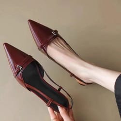 french pointed sandals in burgundy patent with crisscross straps, metal decor slim heel, and open-back fairy style