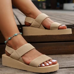 summer women's light weight wedge sandals, open toe platform, thick soled slingback shoes with back strap, casual