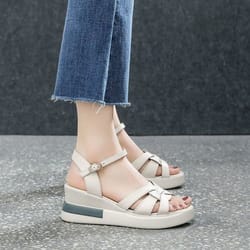 fashion comfortable slope heel sandal, summer new womens casual retro hollow button open-toe sandals for stylish daily