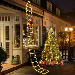 santa claus climbing ladder, christmas decoration outdoor gift tree, ornement garden decor