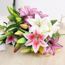 real looking, printing lily branch, artificial flowers, for wedding, home garden decoration
