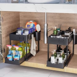 under sink organizer and storage, double sliding cabinet drawers, multi purpose storage shelf, kitchen organization rack