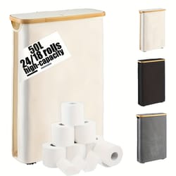 foldable bamboo frame long roll paper storage box anti slip base, bathroom organizer storage container