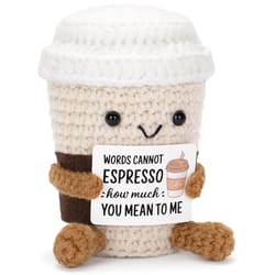 funny crochet emotional support coffee doll with card, handmade knitted coffee dolls, desktop ornament, christmas gifts