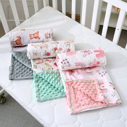 multicolor printed baby blanket, soft plush minky with double layer dotted backing for toddlers