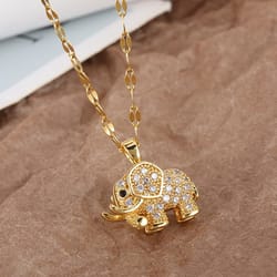 golden copper elephant pendant, cubic zirconia necklace, cute jewelry for women and men, daily party wear