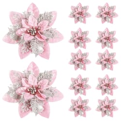 glitter pink christmas flowers set of , artificial tree ornaments, merry christmas and new year decorations for home