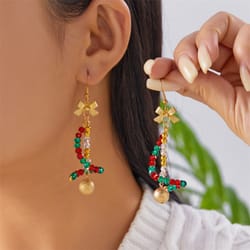 creative christmas rice crystal bead bowknot snowflake bells drop earrings unique xmas paert holiday jewelry gift for women men