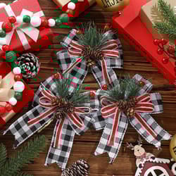 chrismas checkered ribbon bow set with pine cones and needles for indoor and outdoor christmas decorations
