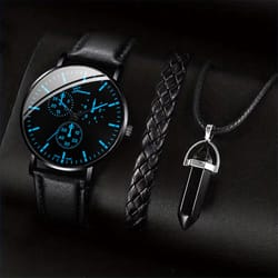 mens casual leather band analog, males quartz watch set, business watches, necklace bracelet set