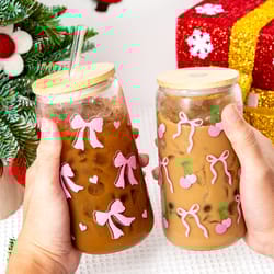 cherry bow glass tumbler, mason jar shaped water bottle with lid and straw for iced coffee juice