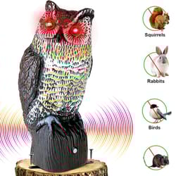 solar powered fake owl decoy with flashing eye and sound, outdoor garden scarecrow bird pest deterrent
