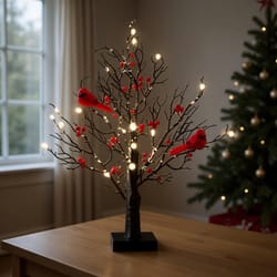 vintage glowing tree, lighted mini birch, cardinals table decor, christmas red bird tree light, festival home decoration