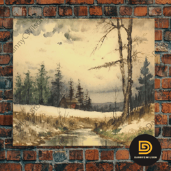 cottage on the lake, wall art, framed canvas print, subdued minimalist boho style wall decor, canvas art, rustic decor-1