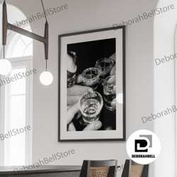 vodka shots, bar cart print, alcohol canvas, speakeasy decor,, ,cheers print, black and white, cocktail wall art, framed