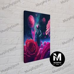 Decorative Wall Art, Astronaut In Space Among The Roses, Surreal Scifi Galaxy Art, Framed Canvas Print, Framed Wall Art,