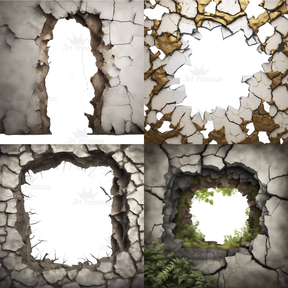 Grunge Wall Crack Hole 3d Effect Border Frame PNG Cracked Breakthrough Wall Frame Masonry Overlays 7