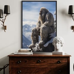 bigfoot in snowy mountains painting canvas print, sasquatch wall art, yeti art print poster ready to hang