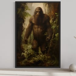 bigfoot in the forest painting canvas print, sasquatch wall art, yeti art print poster, man cave decor ready to hang