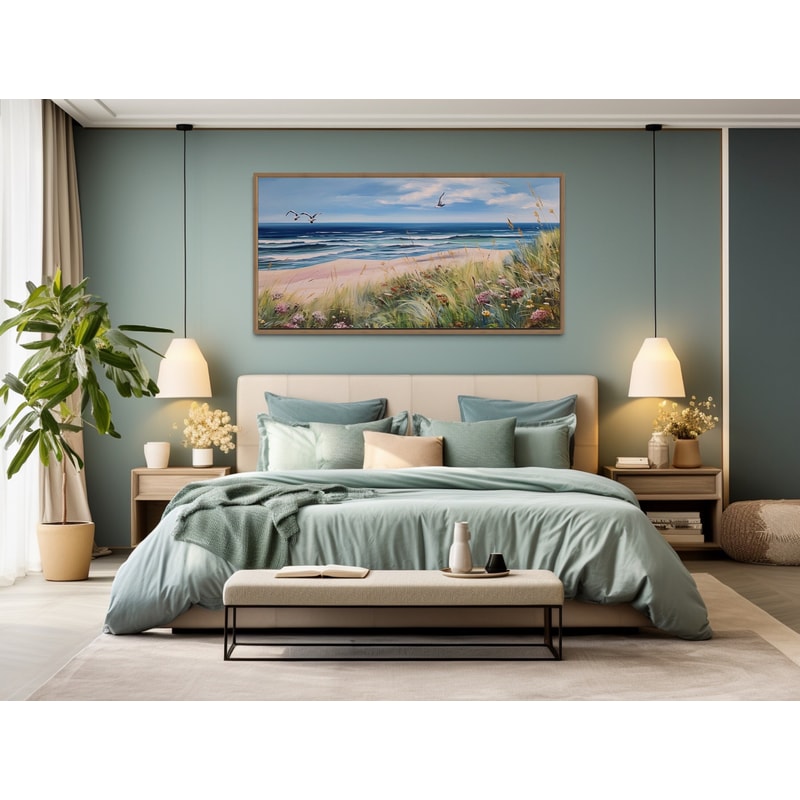 Colorful Beach With Seagulls And Grass Painting Canvas Print - Coastal Beach House Wall Art Framed Unframed Ready To Hang.jpg