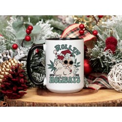 rolling into the holidays christmas mug, funny adult stoner humor coffee mug, christmas gift, stocking stuffer, funny gi